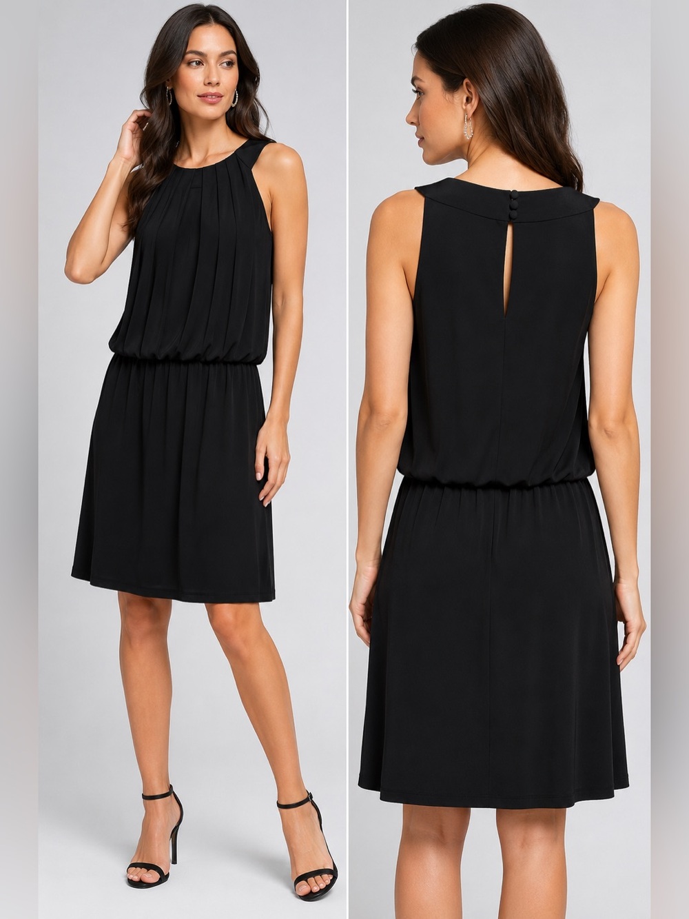WHBM Black Drop Waist Dress 2 Pleated Blouson Sleeveless Keyhole Back Cocktail